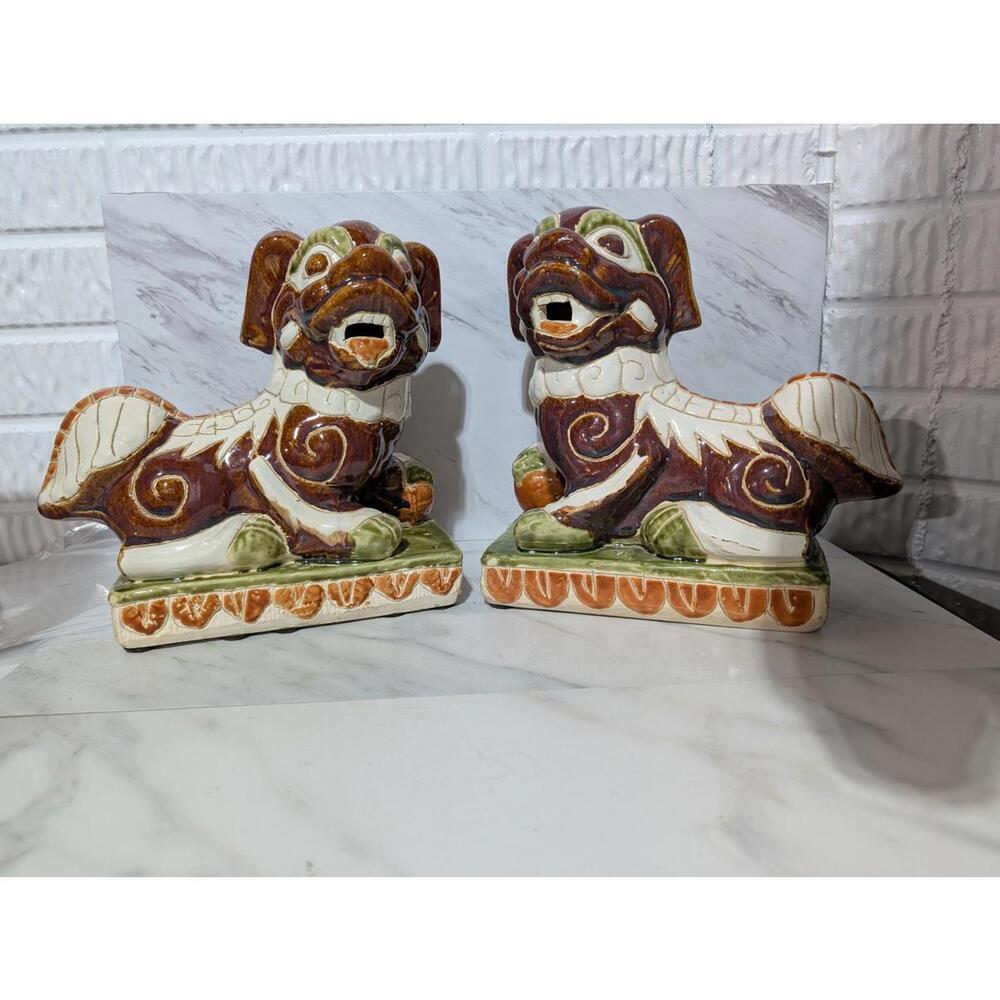 Rare Vintage Chinese Pair of Ceramic Foo Dog Statues